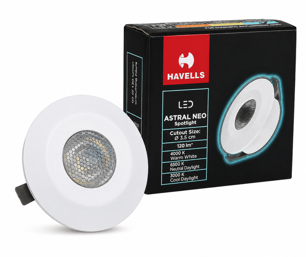 Havells Astral Neo LED Spotlight – Premium 3.5 cm Cutout Downlight (120 lm, Warm White 4000K)